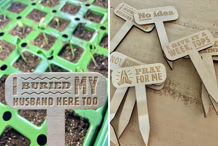 Wooden garden markers with humorous engravings placed in soil trays, showcasing gadgets for garden organization.
