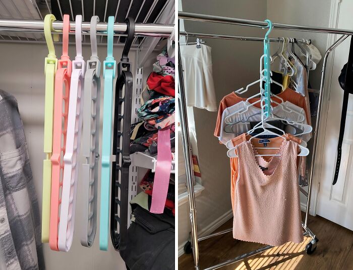 Space-saving closet hangers in pastel colors, ideal for frantic panic before guests arrive cleaning style.
