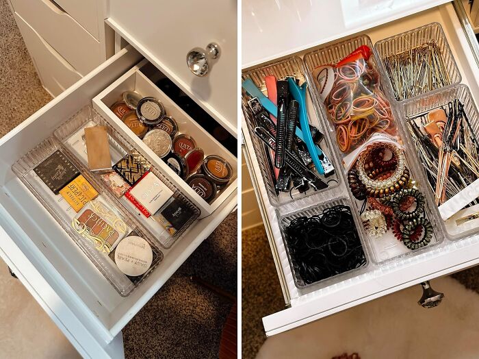 Organized drawers with clear storage bins holding cosmetics and hair accessories for frantic panic before guests arrive cleaning.