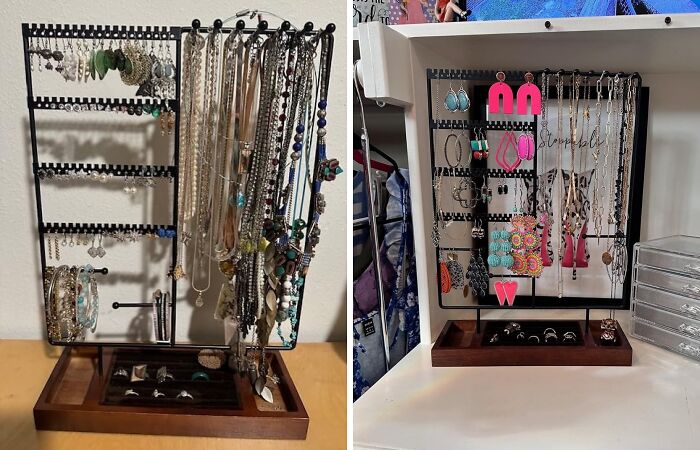 Jewelry organizer with necklaces, earrings, and rings neatly arranged for frantic panic before guests cleaning style.