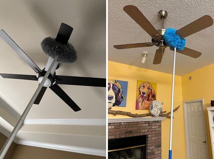 Two ceiling fans being cleaned with extendable dusters to maintain a regularly clean home vibe.