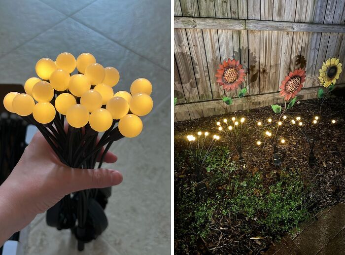 Low-effort garden lights with warm yellow bulbs illuminating a flower garden for easy garden finds.