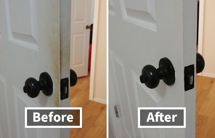 Side-by-side before and after images of a clean door showing buys to achieve a clean regularly vibe.