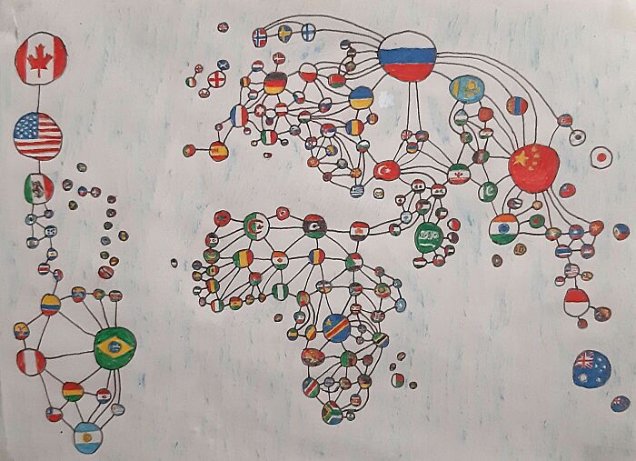 Unusual world map made with interconnected country flags illustrating a funny and horrible geography concept.