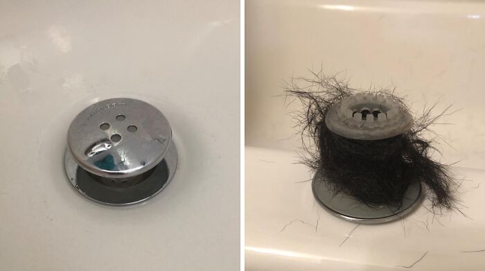 Before and after images of a sink drain showing cleanliness and hair buildup to achieve a clean regularly vibe.
