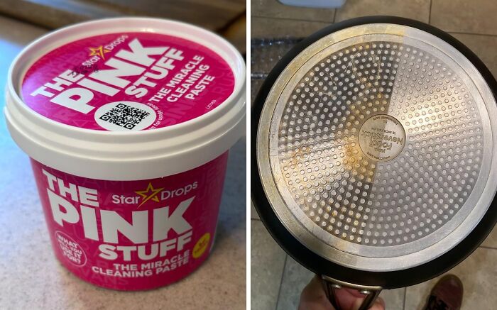 The Pink Stuff cleaning paste container next to a shiny cleaned pan bottom, illustrating cleaning buys for a regular vibe.