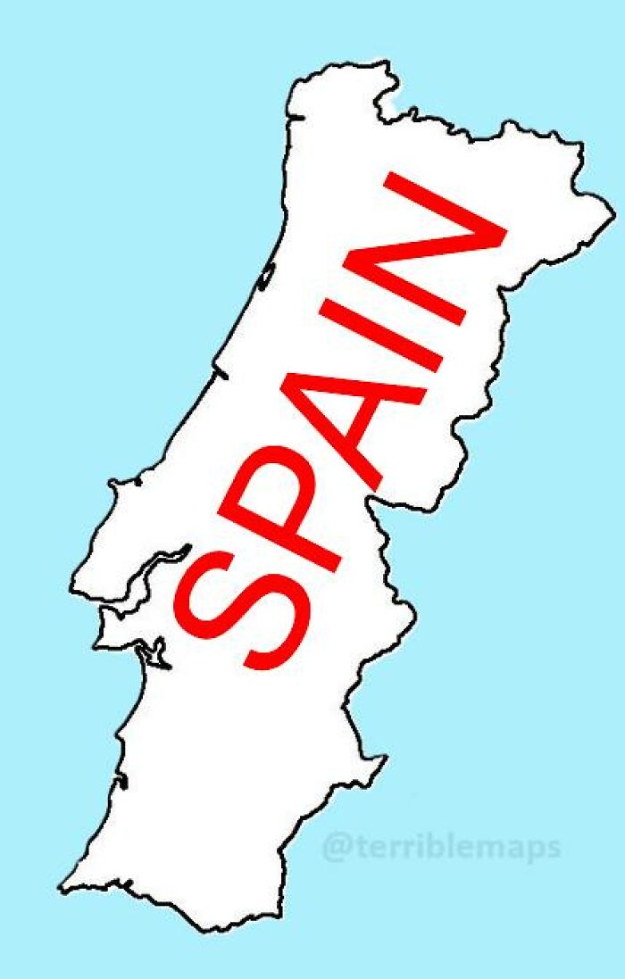 Map humor showing the country of Spain distorted with exaggerated borders in a funny geography illustration.