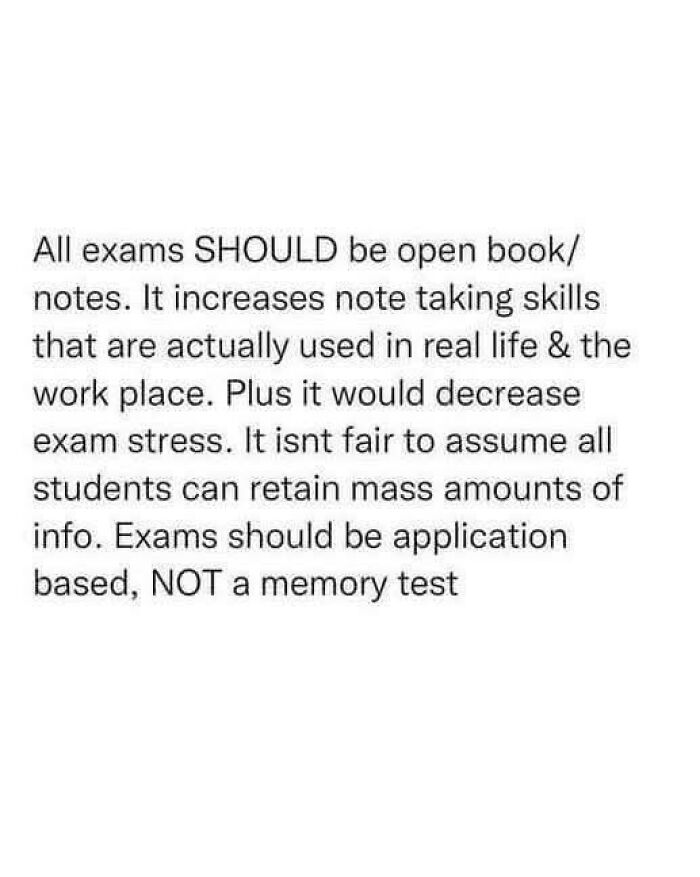 Text advocating open book exams to reduce stress and support neurodivergents with practical application over memory tests.