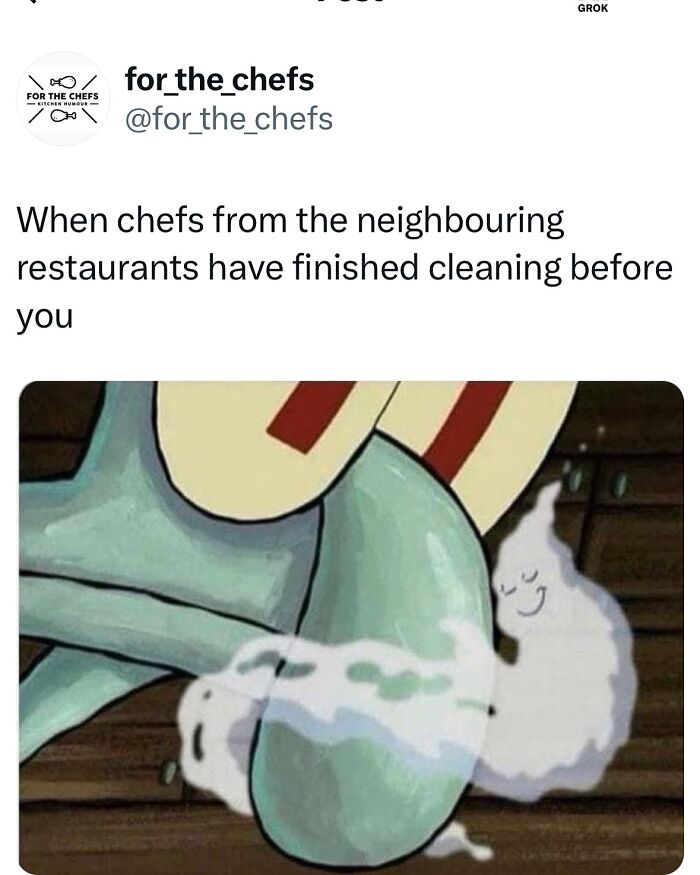 Chef meme showing a disappointed character with a ghostly figure, relatable to chefs who finish cleaning late.