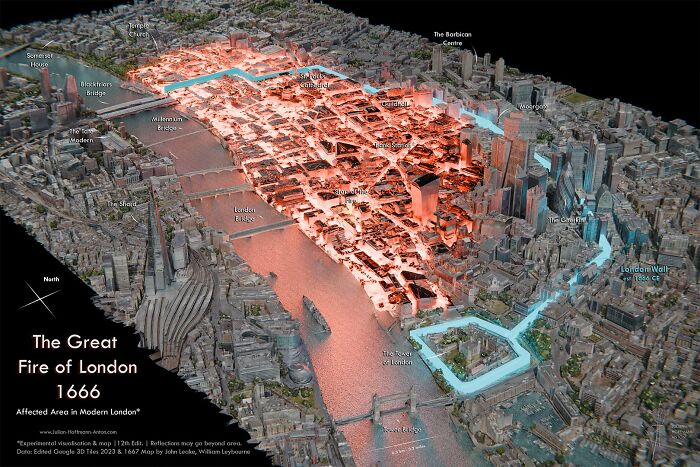 3D map showing the affected area of the Great Fire of London in 1666 with highlighted streets and landmarks.