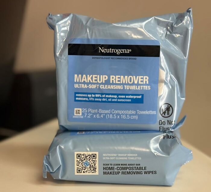 Neutrogena makeup remover wipes in blue packaging, ultra-soft cleansing towelettes, home-compostable and plant-based.