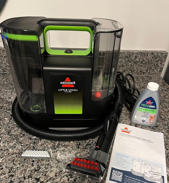 Bissell Little Green Max Pet cleaner with attachments on granite countertop as top-rated Prime Day find.