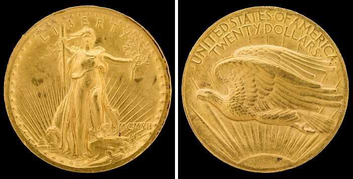 Rare gold coin collectible item sold for an astonishing $450.3 million, featuring Liberty and eagle designs on both sides.