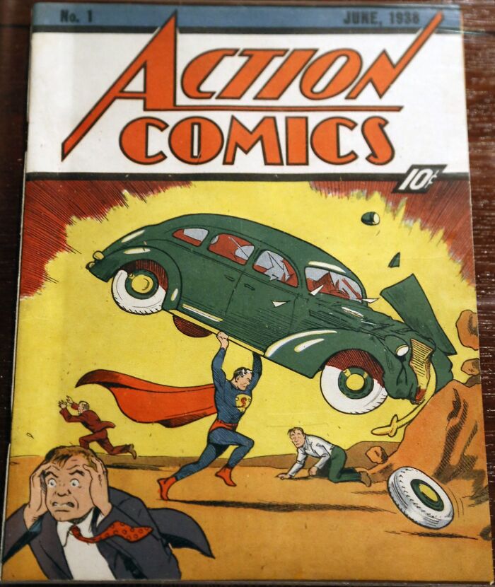 Vintage Action Comics No. 1 cover featuring Superman lifting a car, a high-value collectible item sold for millions.