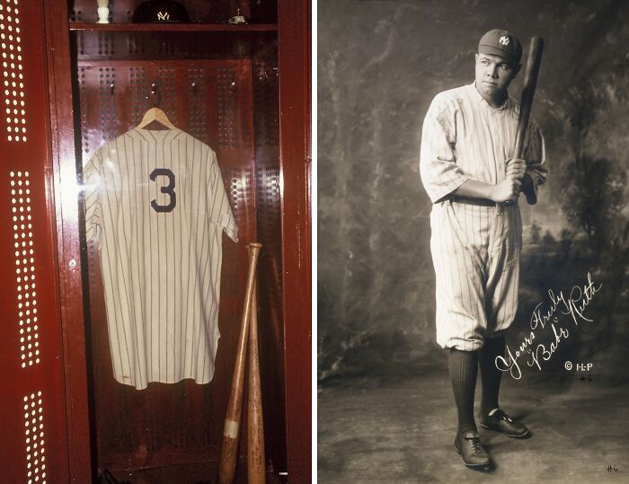 Vintage Babe Ruth baseball jersey and bats displayed in a wooden locker case, iconic collectible sports memorabilia.