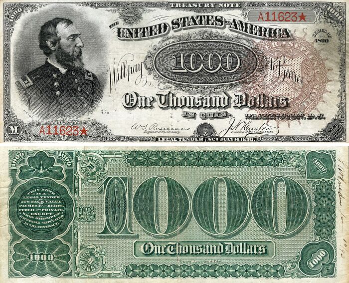 Rare 1890 United States $1000 Treasury Note collectible currency sold for an astonishing value among highest-value collectible items.