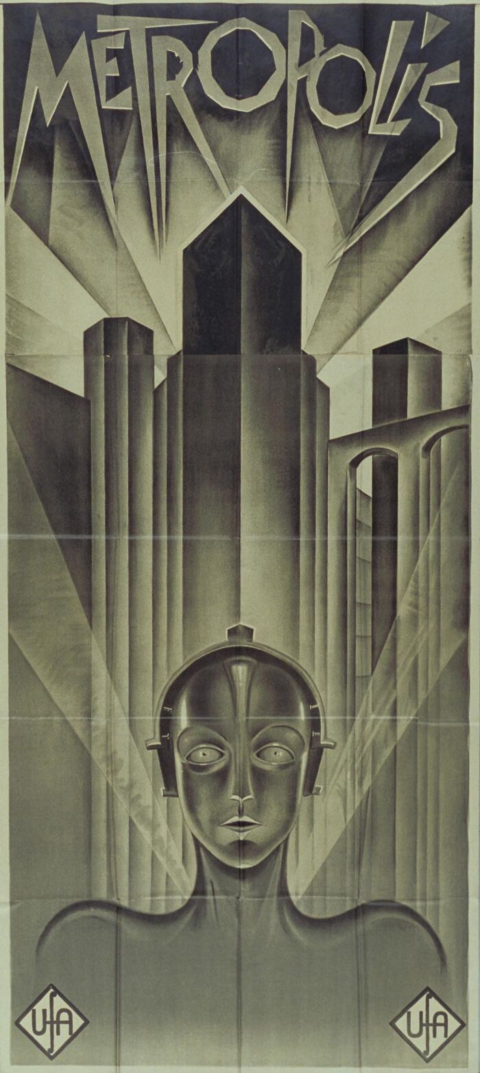 Art deco Metropolis poster featuring a futuristic robot in front of skyscrapers, a high-value collectible item.