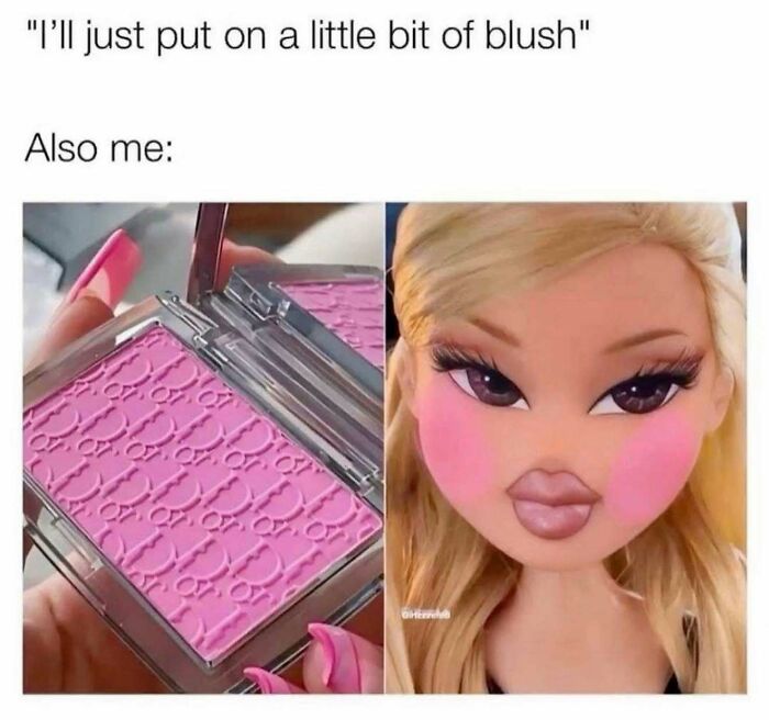 Close-up of pink blush makeup and a doll with exaggerated blush on cheeks, illustrating funny and relatable memes for girly women.