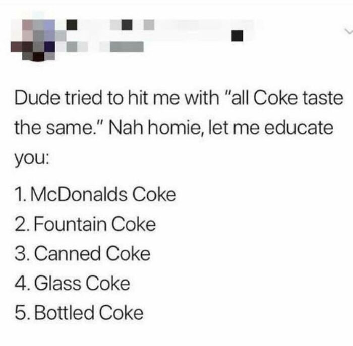Text post listing different types of Coke taste experiences, a funny and relatable meme for girly women.