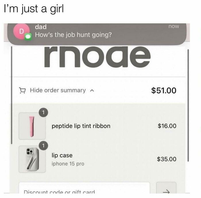 Text message from dad asking about job hunt over an online order for lip tint and iPhone 15 pro lip case, funny relatable girly women meme.