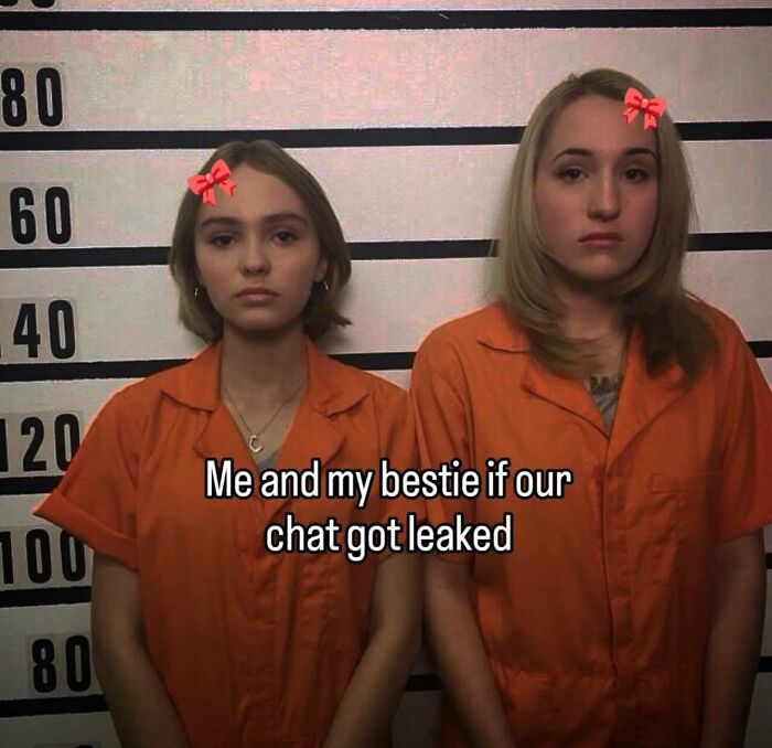 Two women in orange prison uniforms with red bows edited on their heads, representing funny and relatable memes for girly women.