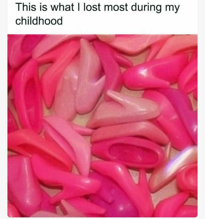 Pink toy high heel shoes scattered on a surface with text about losing them during childhood in funny relatable memes for girly women.