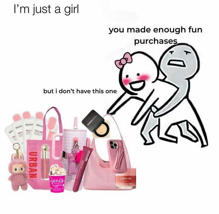 Cartoon figure with pink bow embarrassed about missing beauty and girly products in funny relatable memes for girly women.