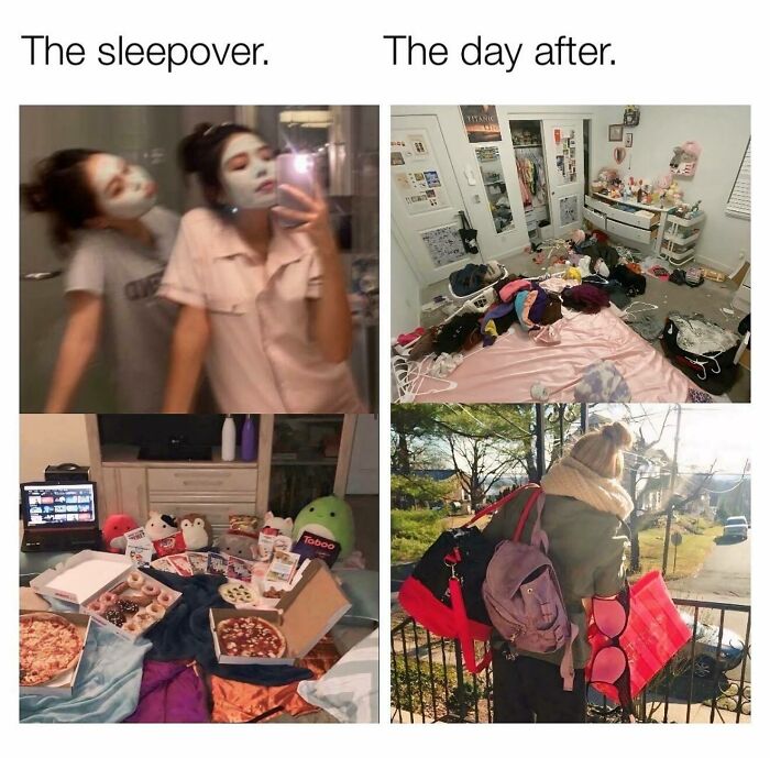 Sleepover with face masks and snacks followed by a messy room and tired girl carrying bags, relatable memes for girly women.