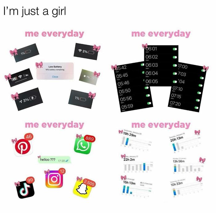Low battery, multiple alarms, high social media notifications, and heavy phone use showing funny relatable memes for girly women.