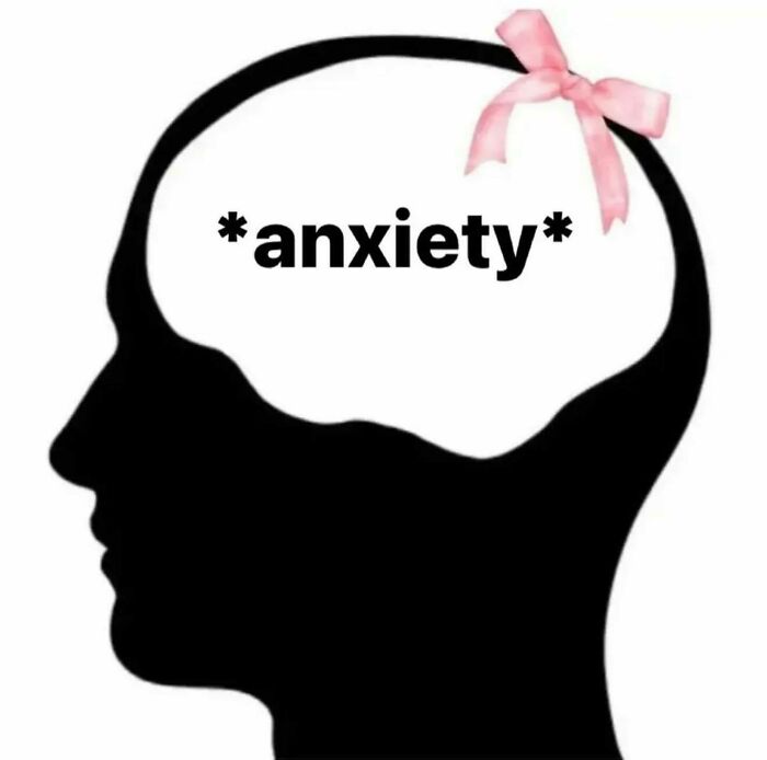 Silhouette of a head with the word anxiety inside and a pink bow, representing girly women’s relatable meme about anxiety.