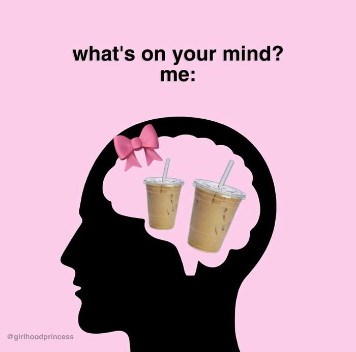 Silhouette of a head with iced coffee and a pink bow inside the brain, representing funny and relatable memes for girly women.