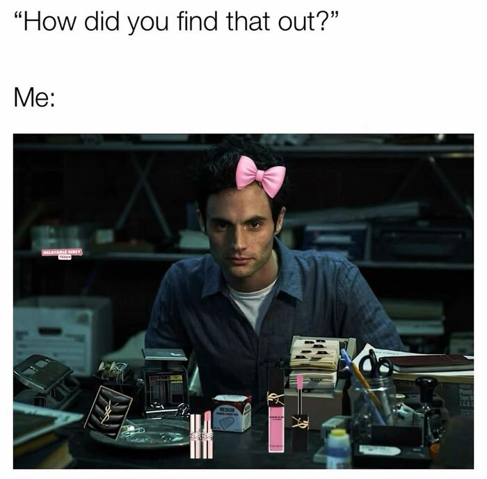 Image of a man with a pink hair bow and makeup products edited in, illustrating funny relatable memes for girly women.