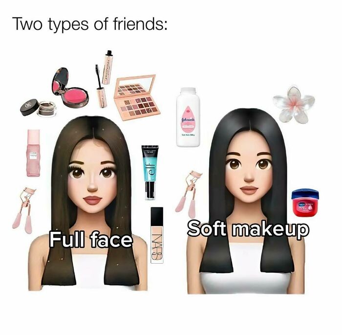 Two animated girls showing full face makeup with many products versus soft makeup with minimal items, girly women memes.