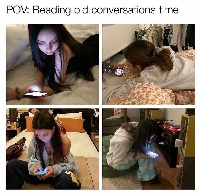 Four girls lying or sitting indoors, focused on their phones, illustrating relatable memes for girly women about reading old conversations.