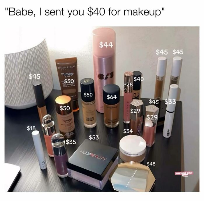 Makeup products with price tags shown, illustrating relatable funny memes for girly women about makeup budgets.