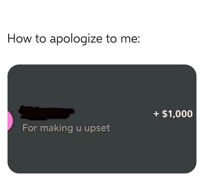 Meme showing a funny and relatable apology message with a $1,000 payment, perfect for girly women humor.