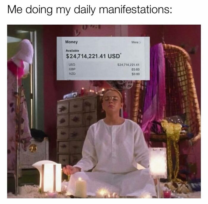 Woman meditating and manifesting money, surrounded by candles and soft lighting, funny and relatable memes for girly women.