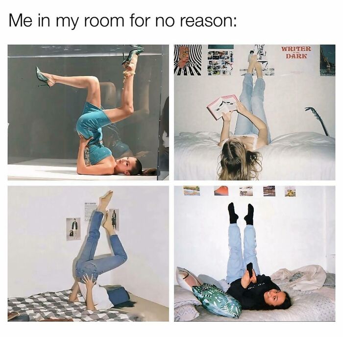 Four photos of women with legs up in playful poses in their rooms, relatable memes for girly women humor.