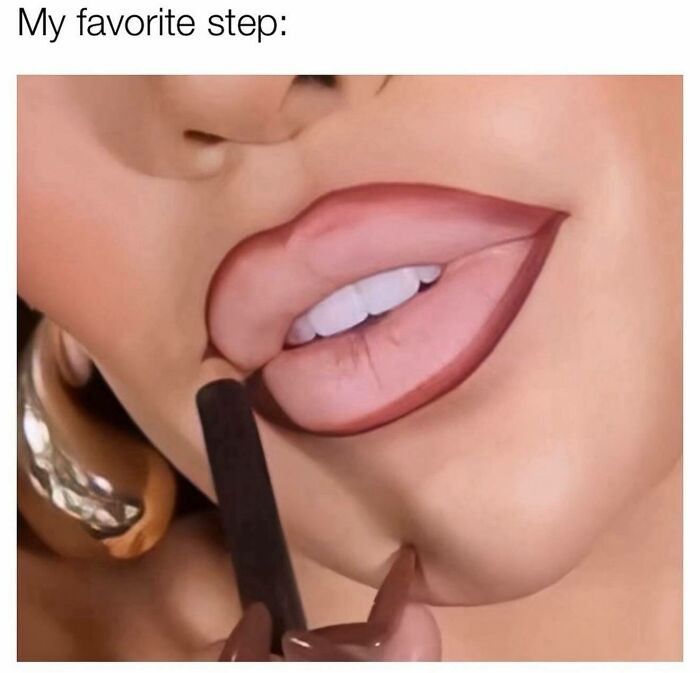 Close-up of a girly woman applying lip liner with her teeth showing in a funny and relatable meme for girly women.