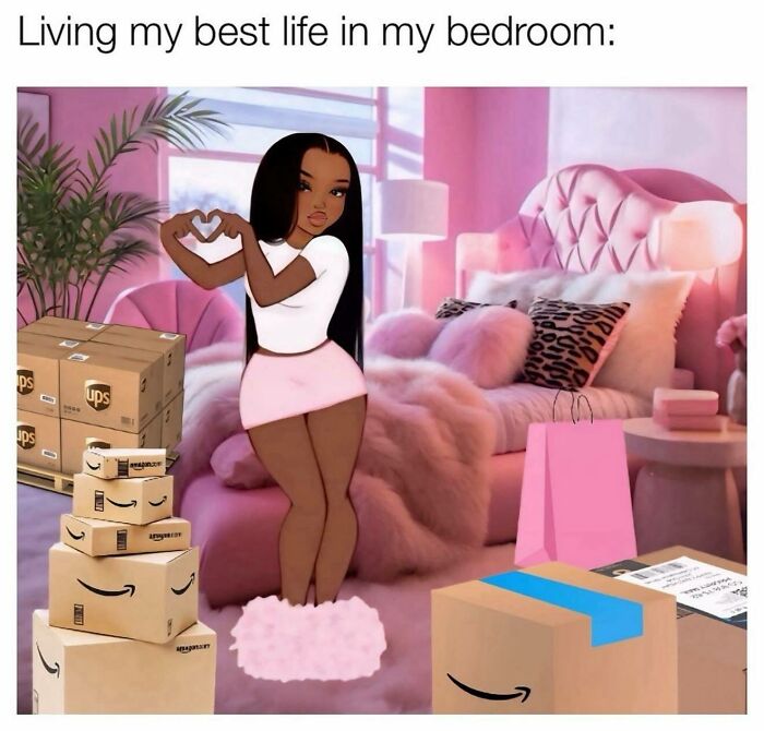 Animated girly woman enjoying her pink bedroom filled with shopping and delivery boxes, funny and relatable meme for girly women.