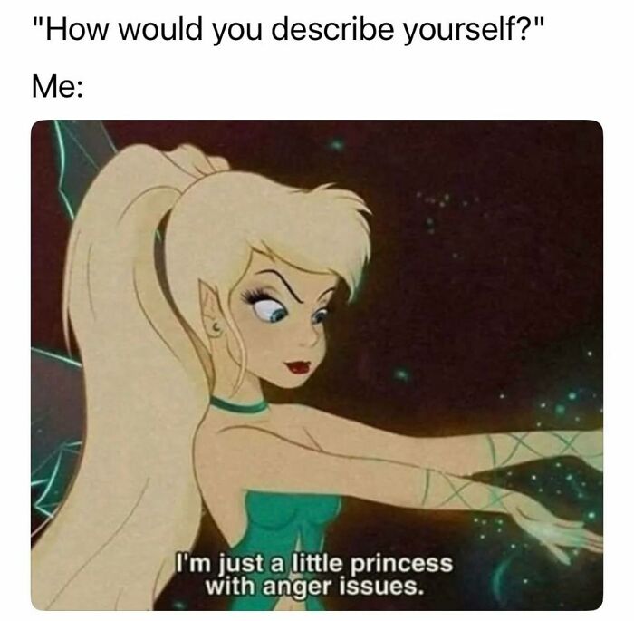 Cartoon fairy princess with long blonde hair and green dress captioned with a relatable meme about girly women and anger issues.