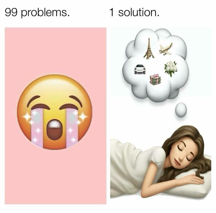 Crying emoji representing problems next to a girly woman dreaming of luxury items and travel in a relatable meme.