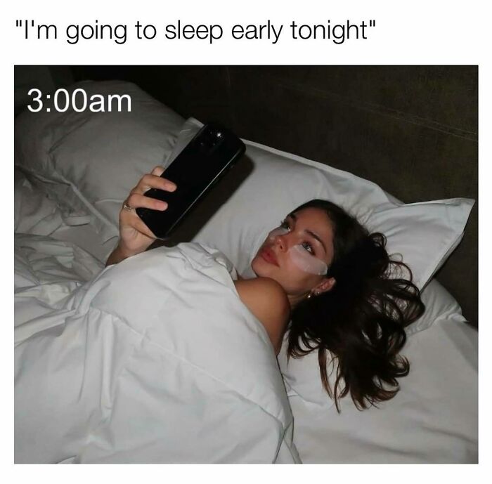 Woman in bed at 3am using phone with under-eye patches, a funny and relatable meme for girly women about staying up late.