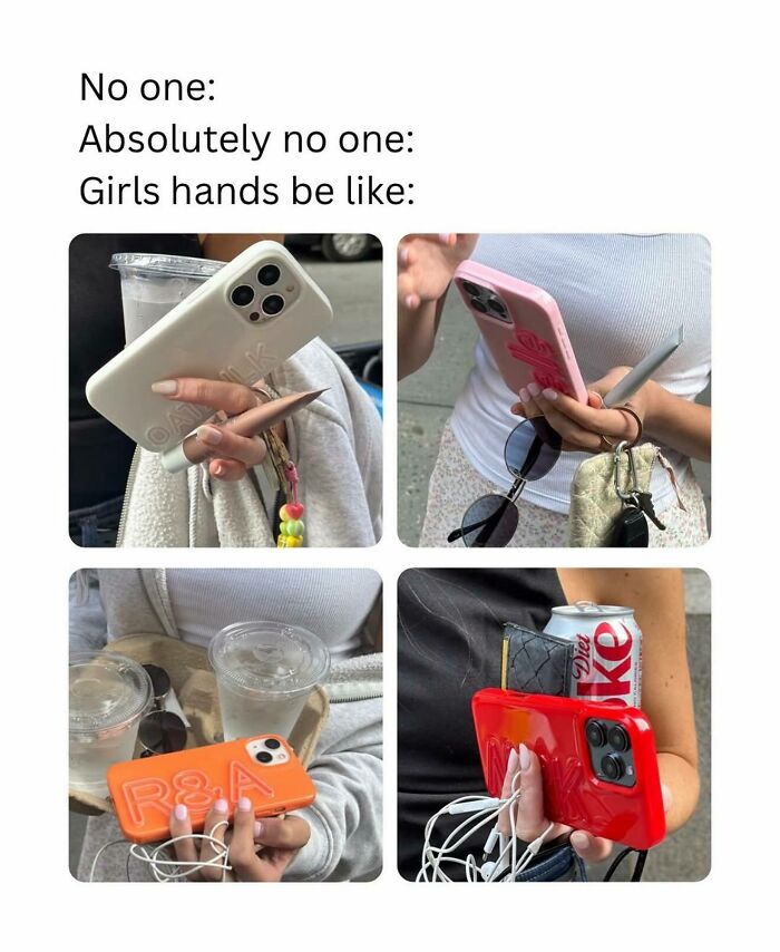 Close-up photos of girls holding phones, beverages, and accessories, showcasing funny and relatable memes for girly women.