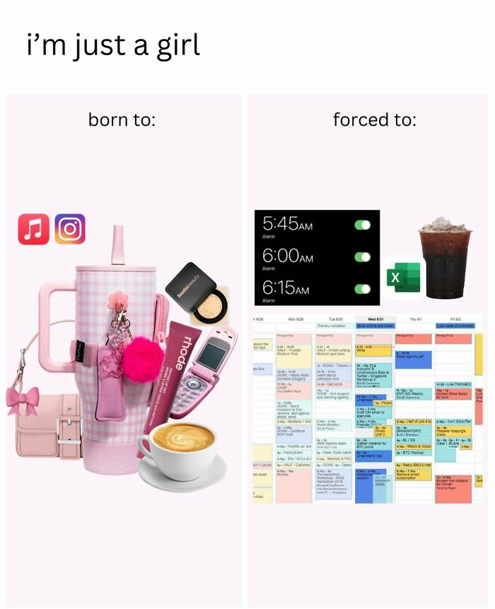Collage showing funny and relatable memes for girly women with pink accessories and busy work schedule images.