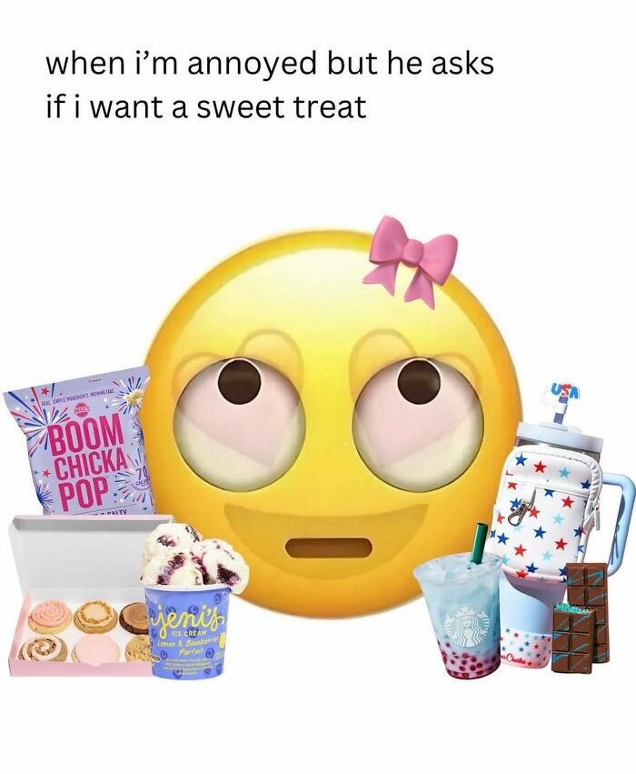 Girly women meme emoji with sweet treats like ice cream, popcorn, bubble tea, and chocolates showing relatable humor.