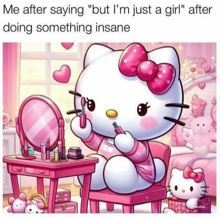 Cute cartoon cat applying makeup at pink vanity in girly room, illustrating funny and relatable memes for girly women.