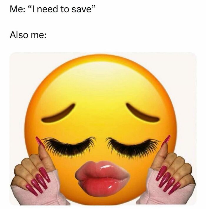Emoji with long eyelashes and glossy lips, holding manicured nails, representing funny and relatable memes for girly women.