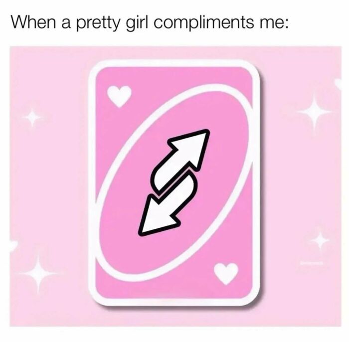 Pink Uno reverse card meme representing funny and relatable moments for girly women receiving compliments.