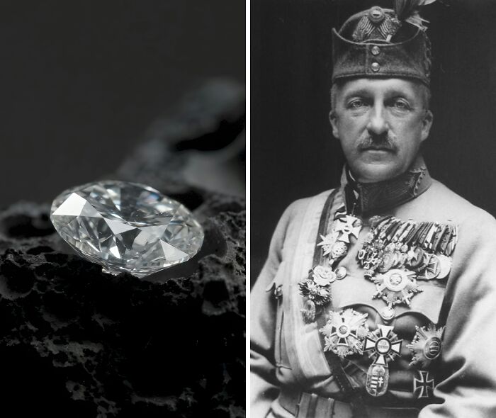 Close-up of a sparkling diamond and a vintage black and white portrait of a decorated military officer collectible items.
